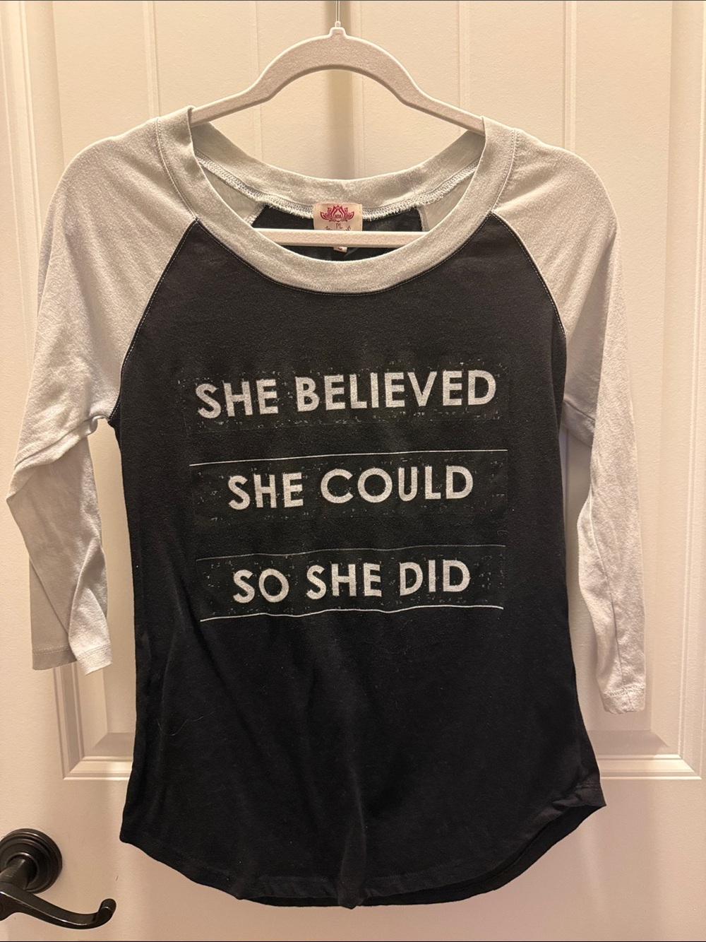 PL Movement Women’s “She Believed She Could” Raglan Long Sleeve Tee (S)